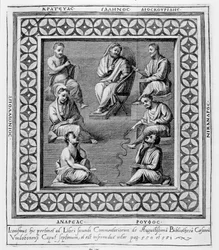 Planche illustrant sept philosophes grecs, du septième chapitre de 
